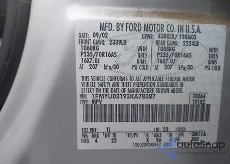 2003 Ford Escape Xlt z USA, uszkodzony, nr VIN 1FMYU03193KA78387